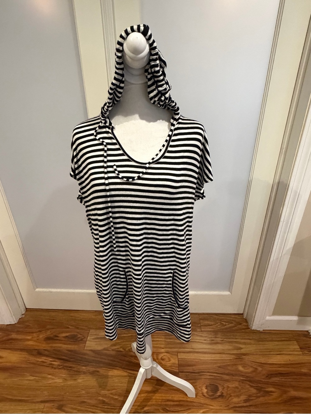 Soma Black and White Striped Hooded Casual Top